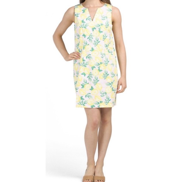 Cynthia Rowley Pink Lemon Print‎ Dress Stretch Sleeveless Shift Womens Sz 14 - Picture 1 of 10